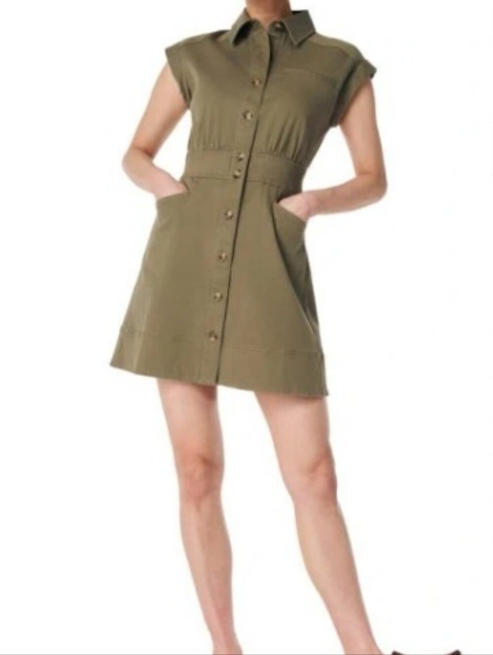 Spanx Button Front Stretch Twill Mini dress in Tuscan Olive Size Large